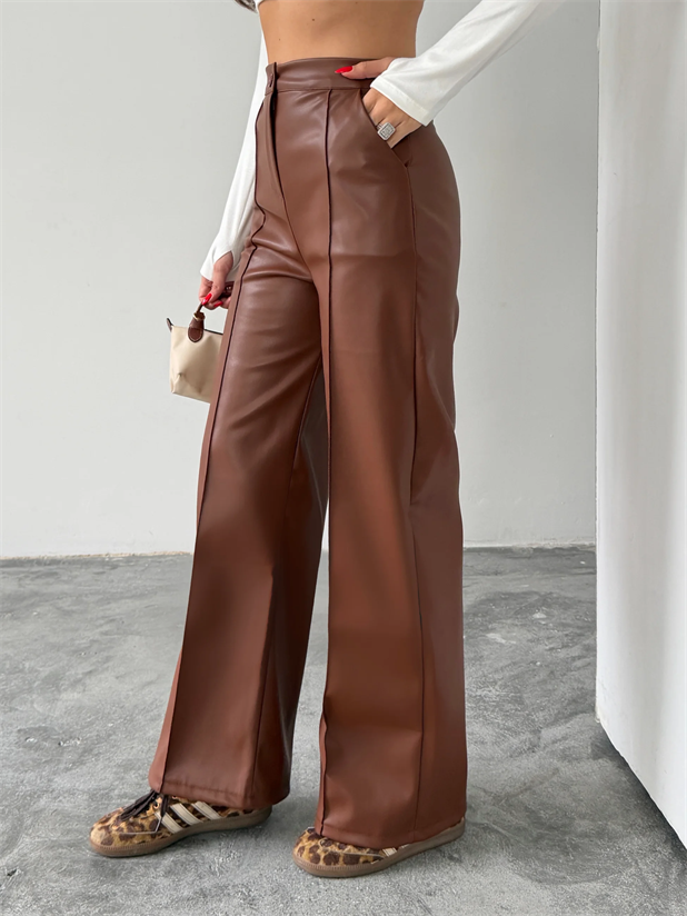 Çımalı Deri Palazzo Pantolon  - Taba