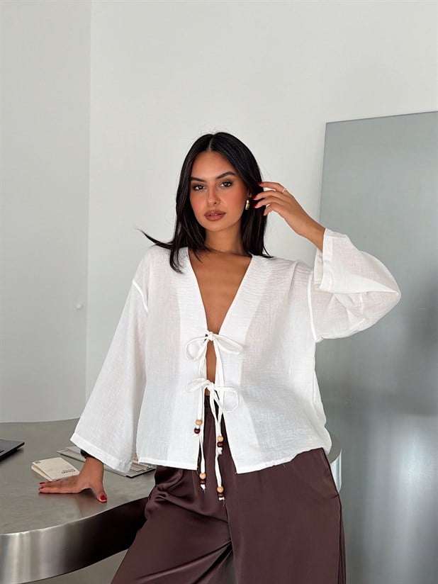 Bağlamalı Kimono Bluz - Beyaz