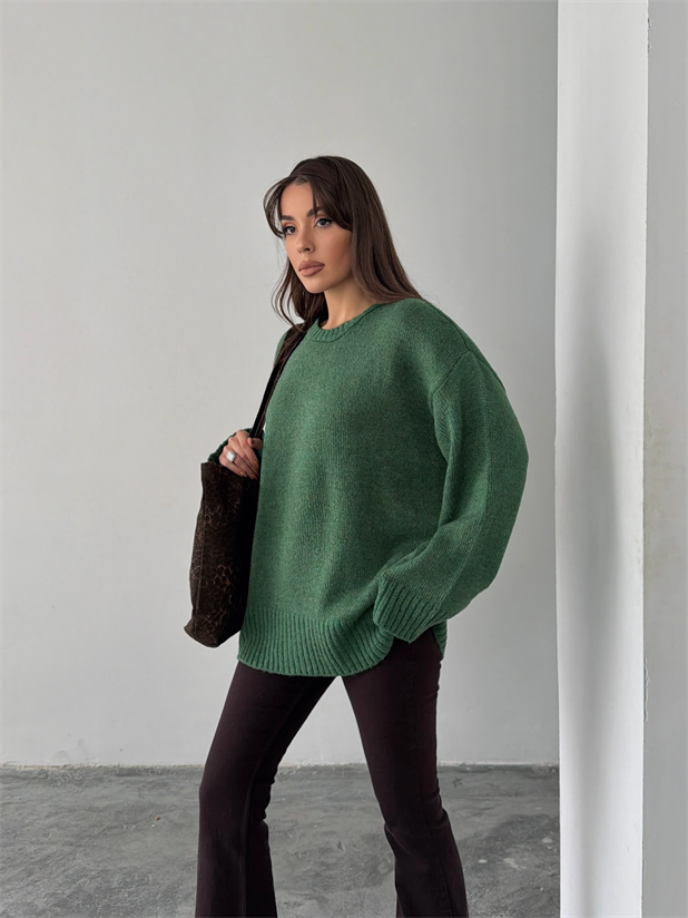 Oversize Ribanalı Kazak - Yeşil