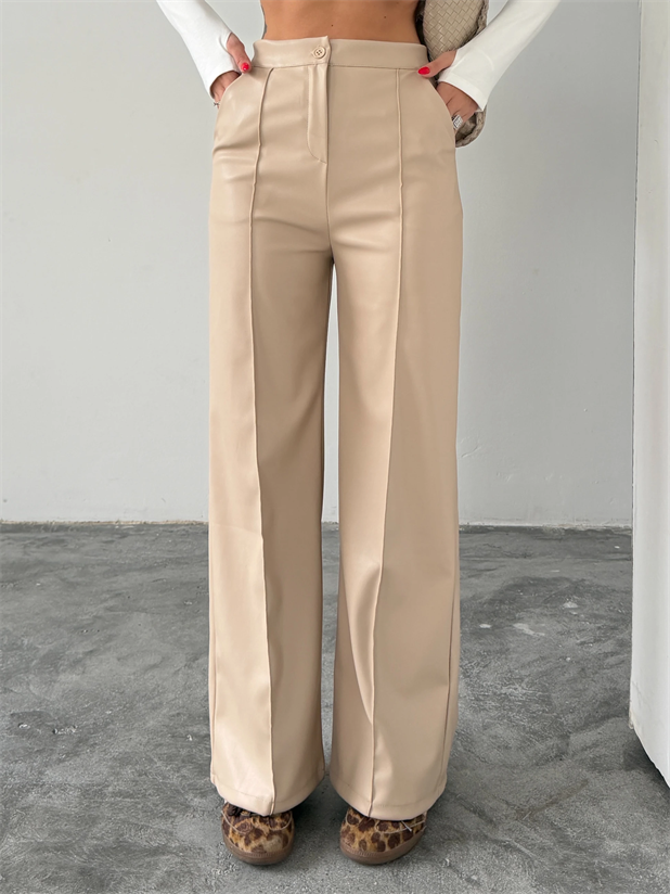 Çımalı Deri Palazzo Pantolon  - Taş