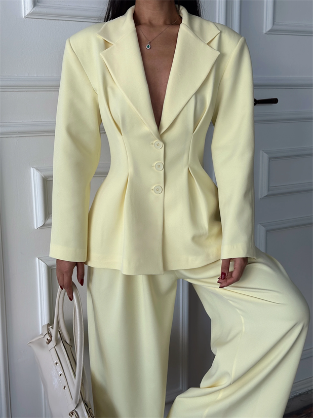 Pile Detay Oturtmalı Blazer Ceket  - Sarı