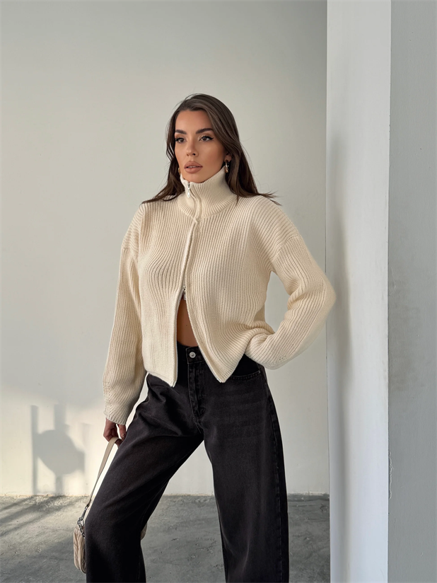 Çift Fermuarlı Triko - Ekru