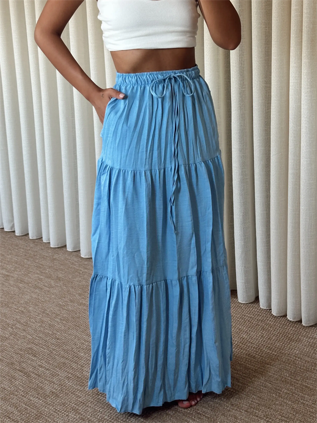 Katlı Maxi Etek - Mavi