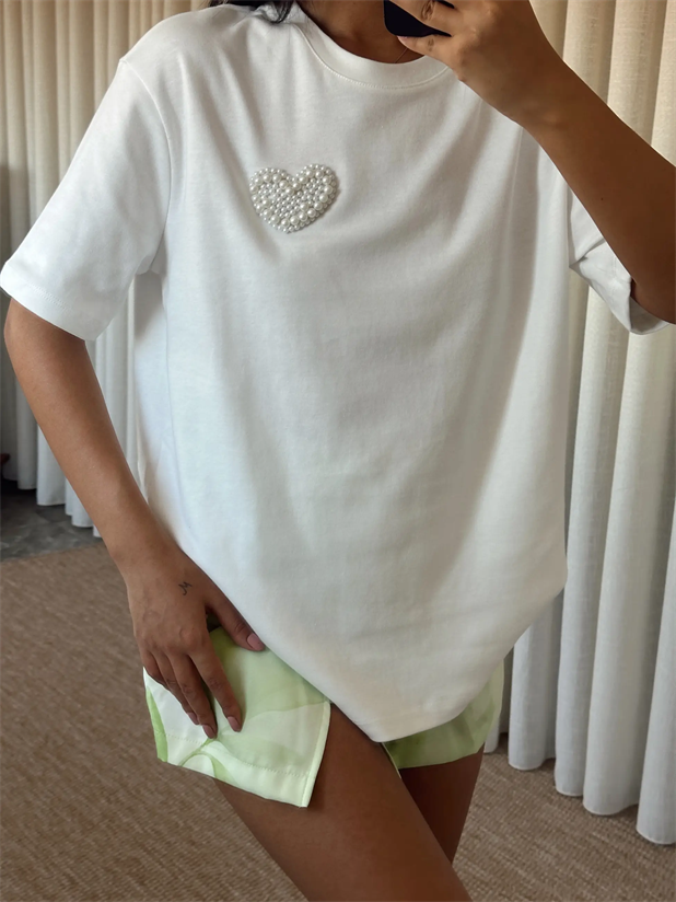 İnci Detay Oversize Basic - Beyaz