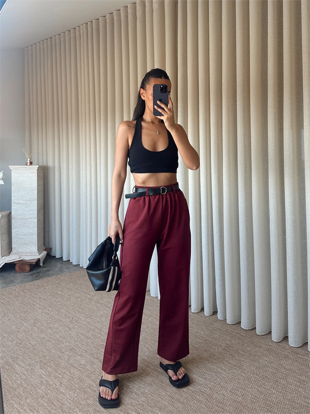 Deri Kemerli Eşofman - Bordo