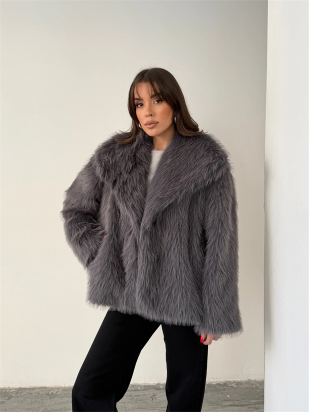 Çıtçıtlı Suni Kürk Ceket - Antrasit