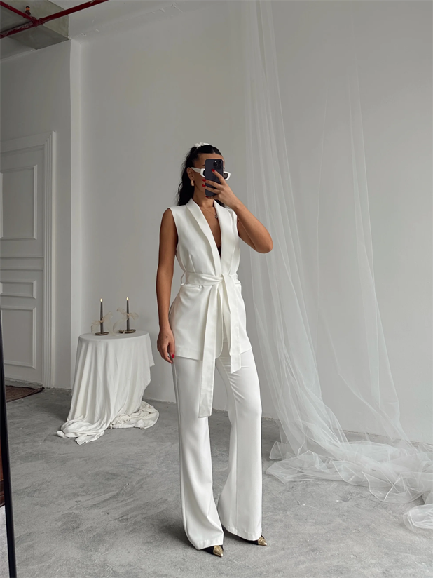 Bağlamalı Blazer Yelek  - Beyaz