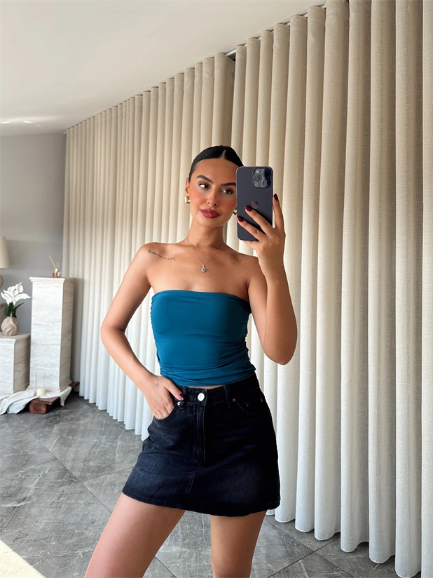 Drapeli Straplez Crop - İndigo