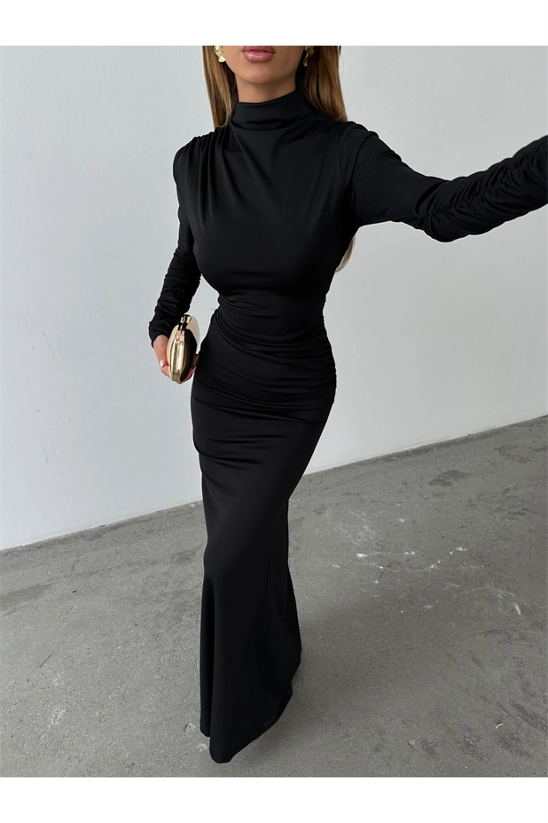 Drape Balıkçı Elbise Siyah - Siyah