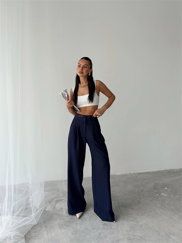 Kemeri Dantel Detaylı Palazzo Pantolon  - Lacivert