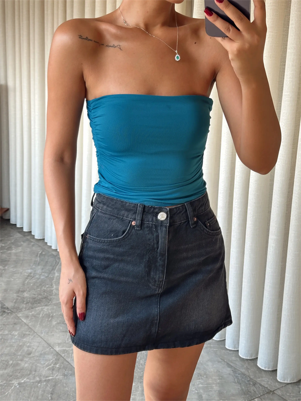 Drapeli Straplez Crop - İndigo