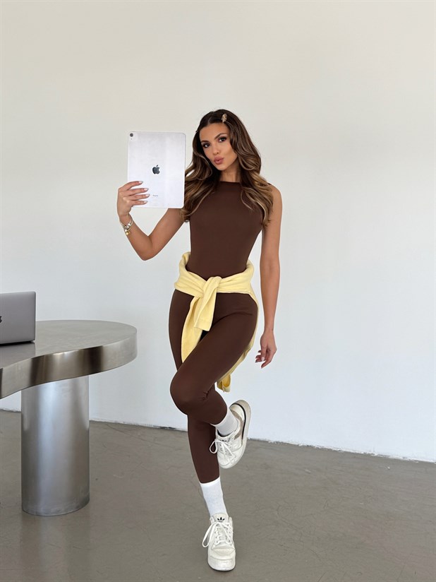 Sırt Detaylı Tayt Tulum - Kahve