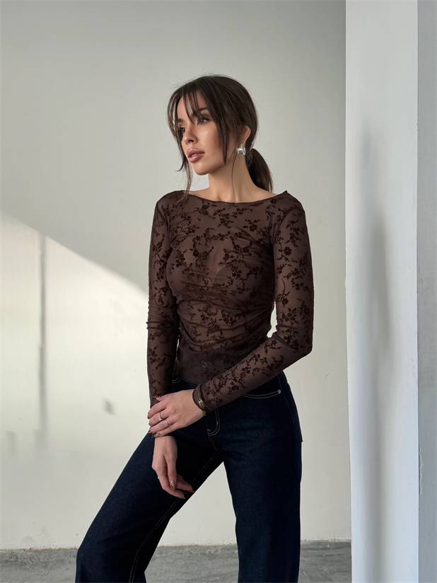 Flok Baskılı Basic Bluz - Kahve