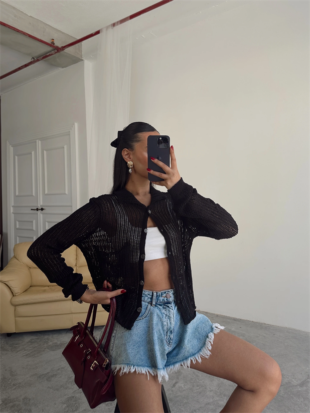 Elena Triko Ajur Hırka Siyah - Siyah