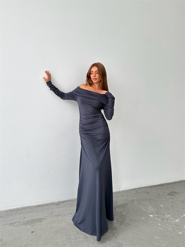 Madonna Yaka Uzun Elbise Füme - Füme