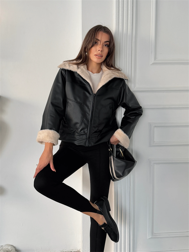 İçi Kürklü Deri Mont - Siyah