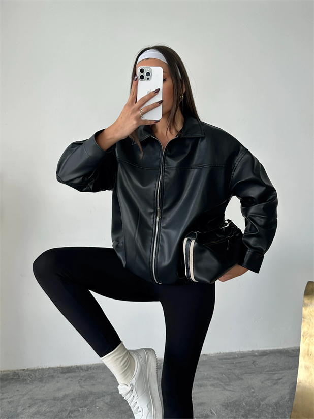 Deri Fermuarlı Bomber Mont - Siyah