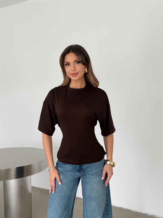 Bisiklet Yaka Biyeli Modal Bluz - Kahve