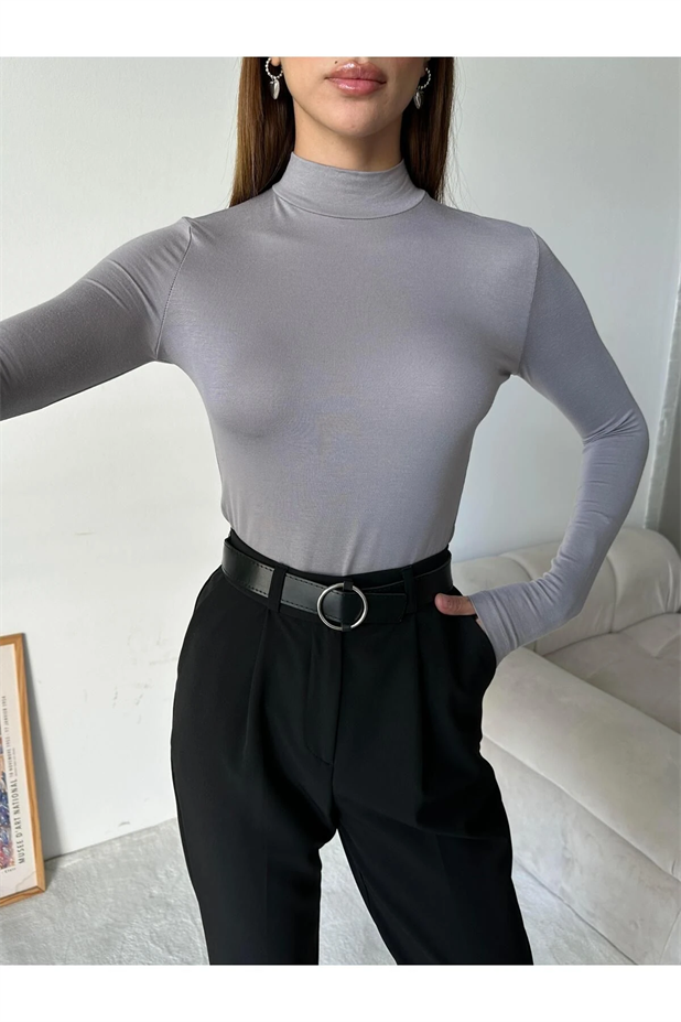 Dik Yaka Balıkçı Bluz Gri - Gri