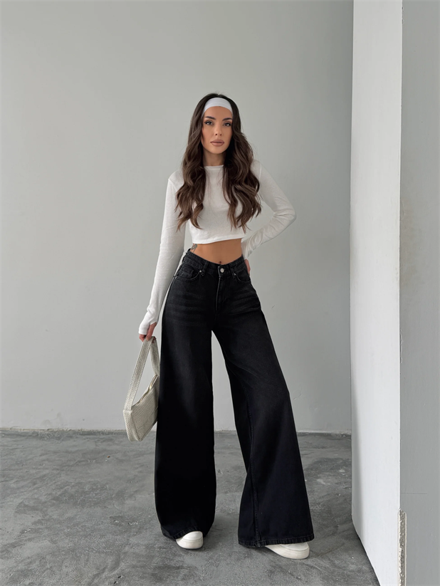 Bol Paça Yıkamalı Jean Pantolon - Siyah