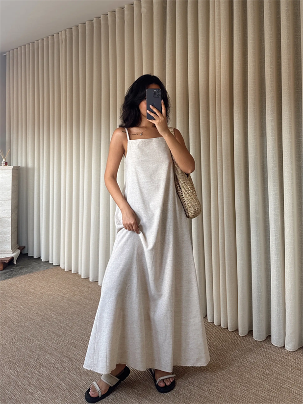 Cepli Keten Elbise - Krem