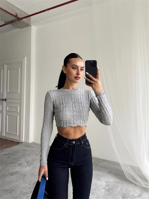 Labirent Desen Crop Triko Kazak Gri - Gri