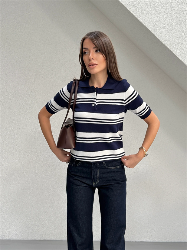 Polo Yaka Çizgili Kısa Kol Triko - Lacivert-Beyaz