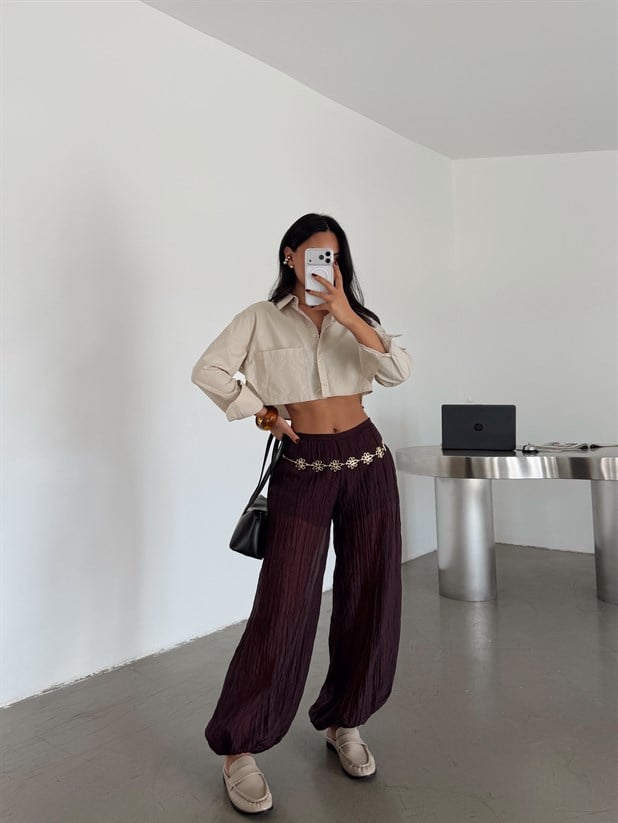 Transparan Müslin Kumaş Balon Pantolon - Mürdüm