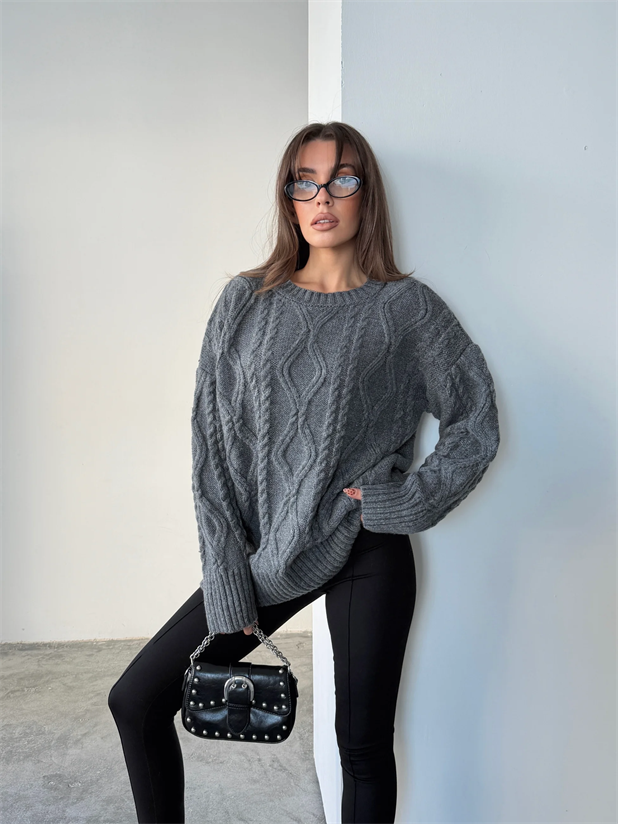 Saç Örgü Desenli Yıkamalı Triko - Antrasit