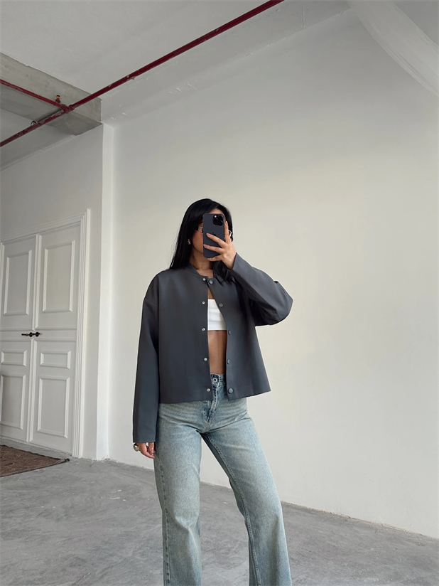 Yaka Ribana Cıt Cıt Detay Ceket Füme - Füme