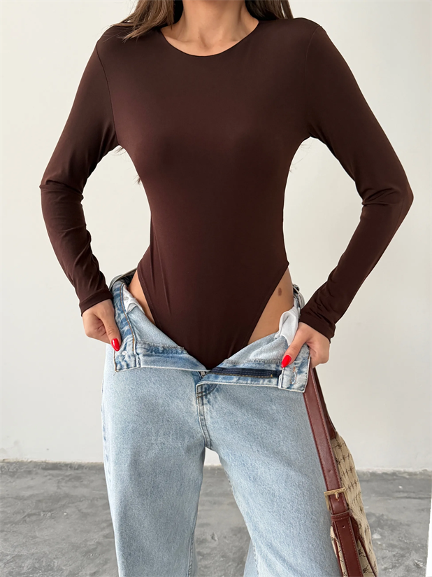 Bisiklet Yaka Bodysuit - Kahve