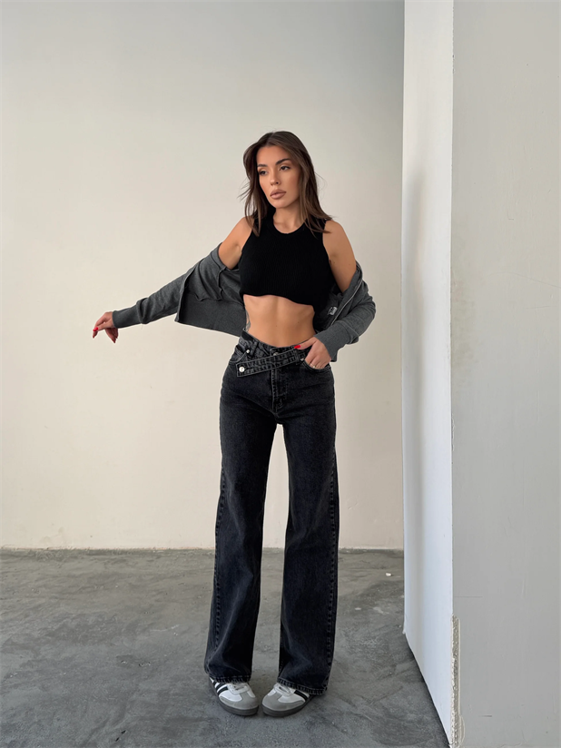Kuşak Detaylı Jean - Siyah