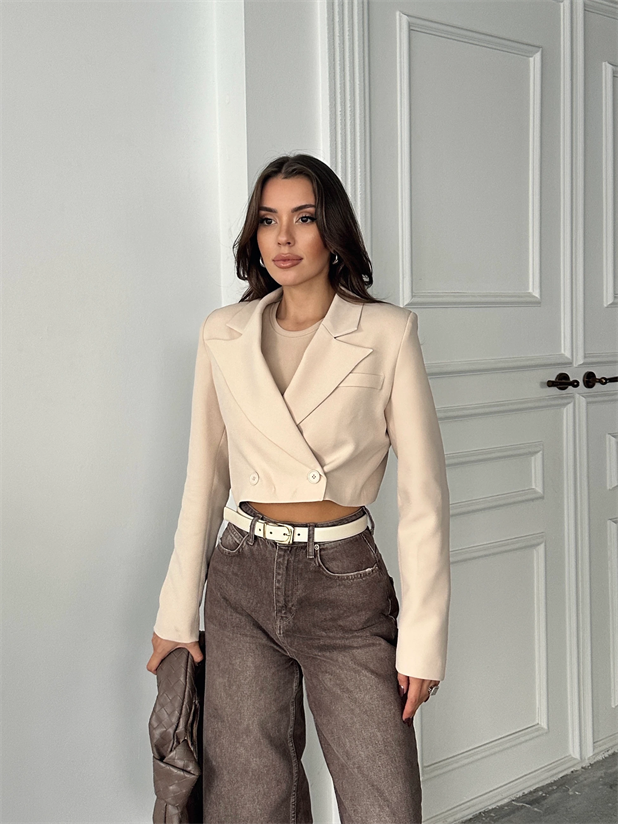 Çift Düğme Crop Blazer Ceket Bej - Bej