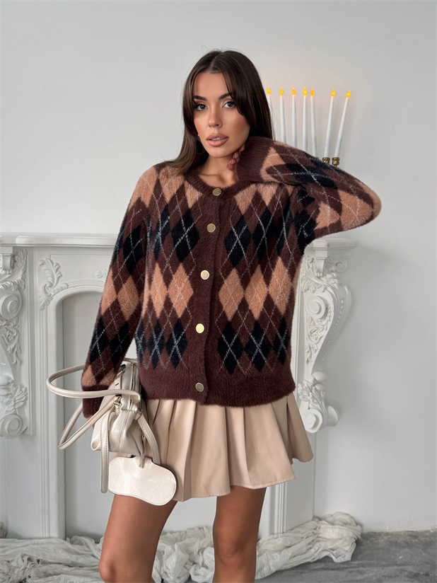 Baklava Desenli Yumoş Hırka - Kahve