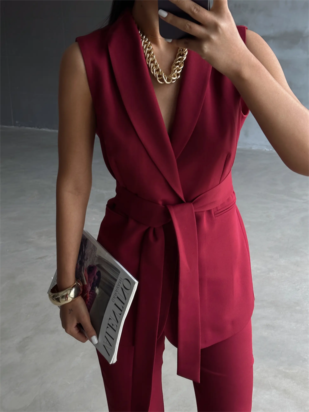 Bağlamalı Blazer Yelek  - Bordo