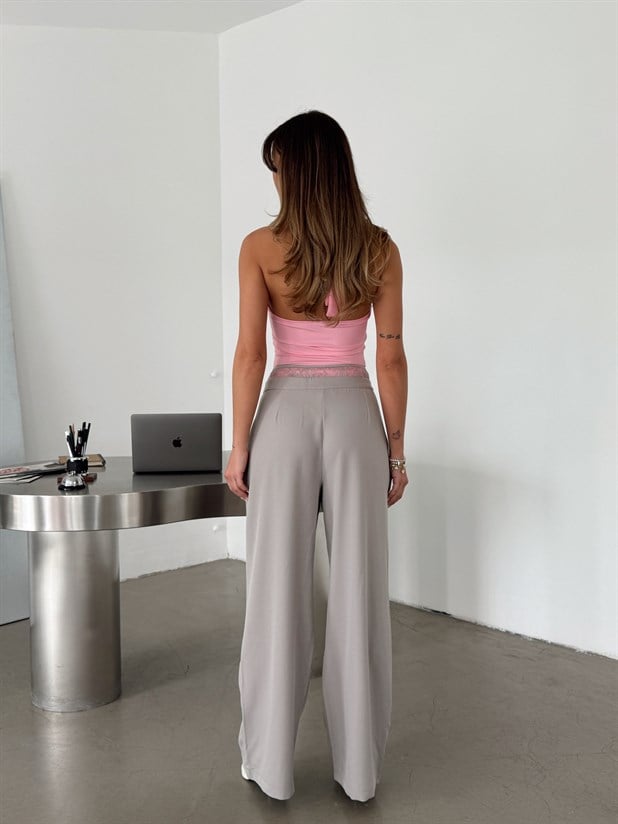 Kemeri Dantel Detaylı Palazzo Pantolon  - Gri