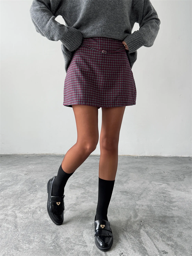 Bel Bağlama Ekose Mini Etek - Bordo