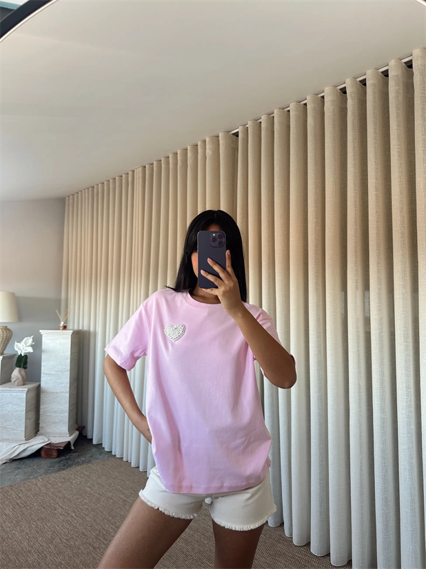 İnci Detay Oversize Basic - Pembe