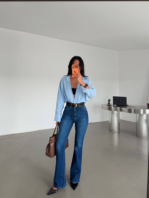 Yüksek Bel İspanyol Paça Jean - Lacivert