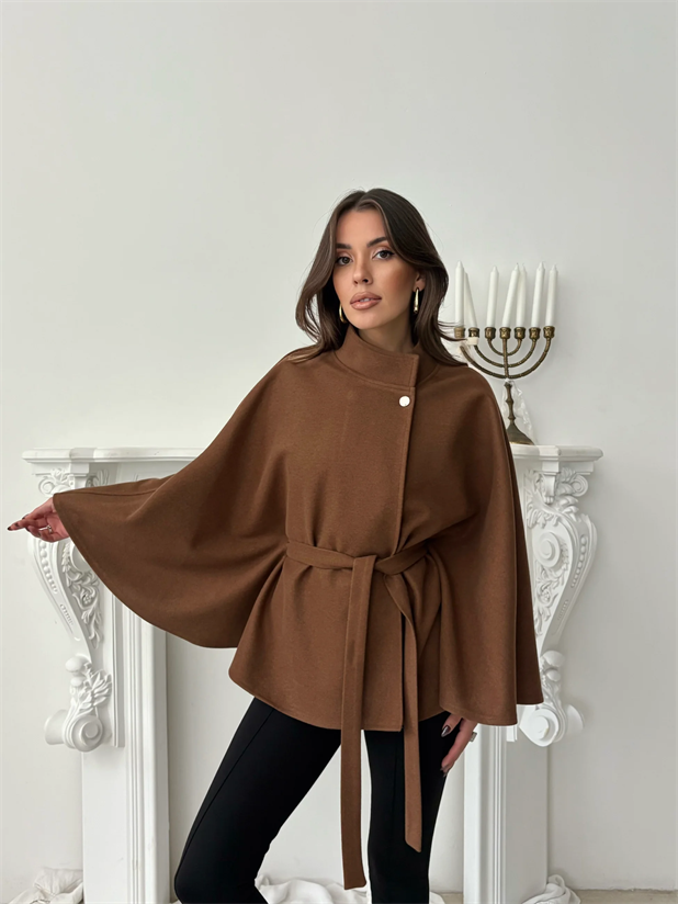 Kaşe Kuşaklı Pelerin Kaban - Taba