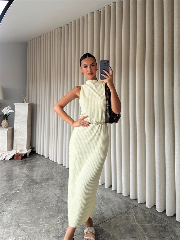 Kendinden Çizgili Sıfır Kol Elbise - Sarı