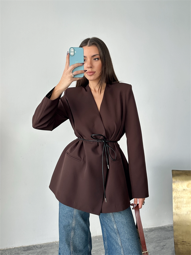 Deri Kemerli Blazer Ceket - Kahve