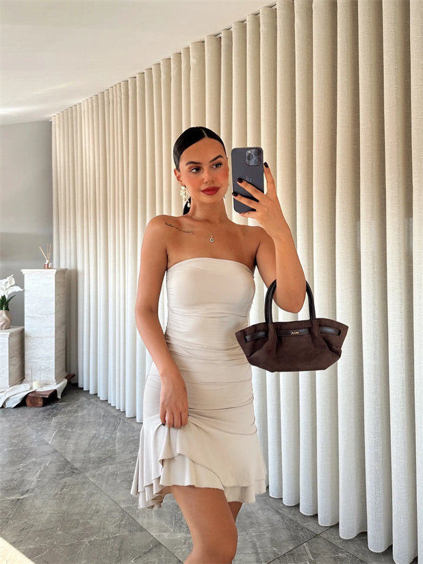 Scuba Kumaş Alt Fırfır Straplez Elbise - Taş