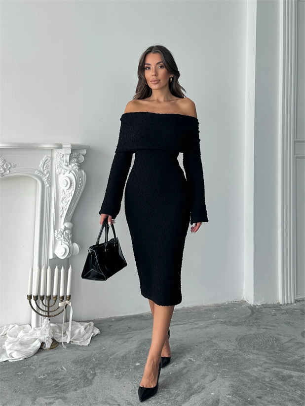 Madonna Yaka Buklet Elbise - Siyah