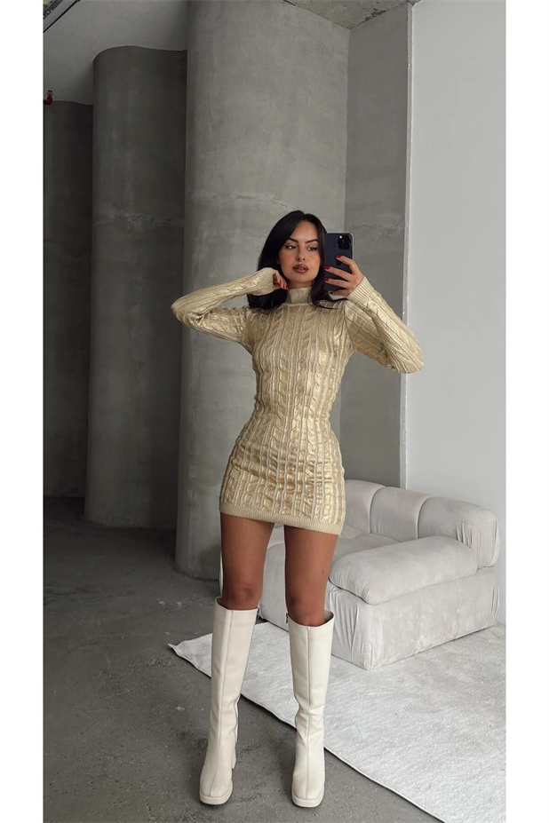 Silver Meg Triko Elbise Metalik Gold - Gold