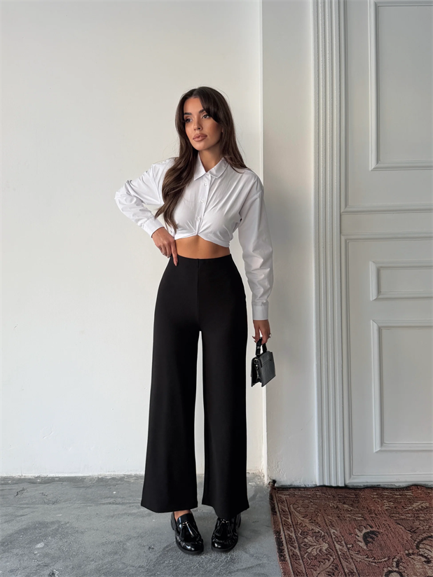 Bel İçten Lastik Kumaş Pantolon  - Siyah