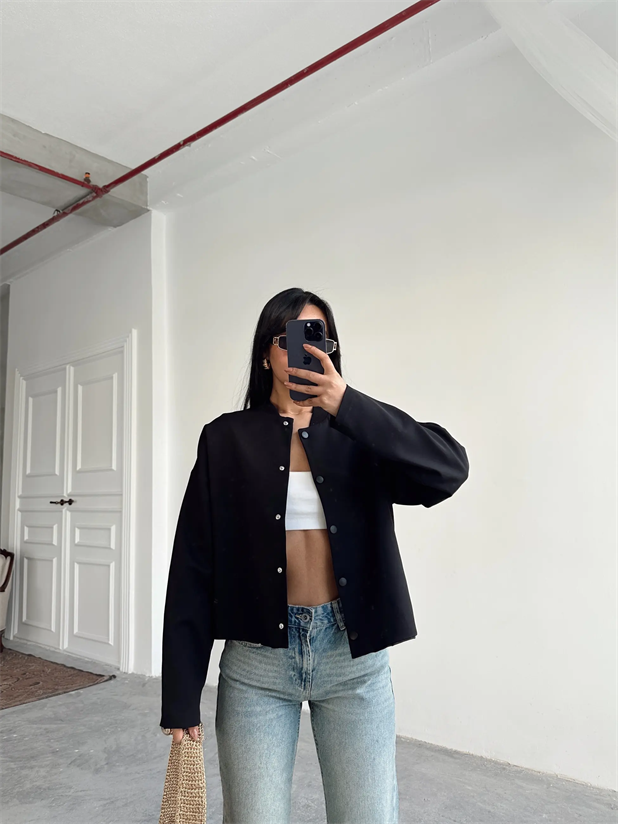 Yaka Ribana Cıt Cıt Detay Ceket Siyah - Siyah