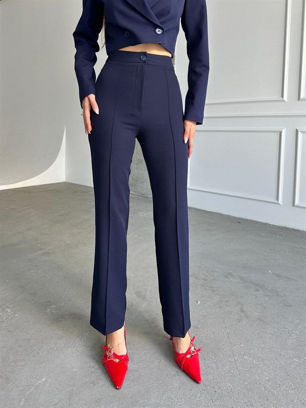 Ön Dikiş Boru Paça Kumaş Pantolon - Lacivert