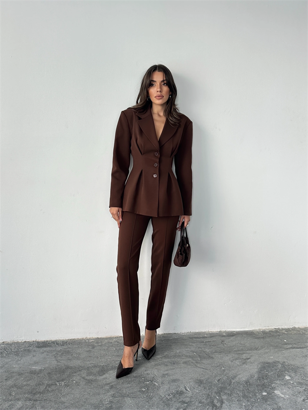 Pile Detay Oturtmalı Blazer Ceket  - Acı kahve