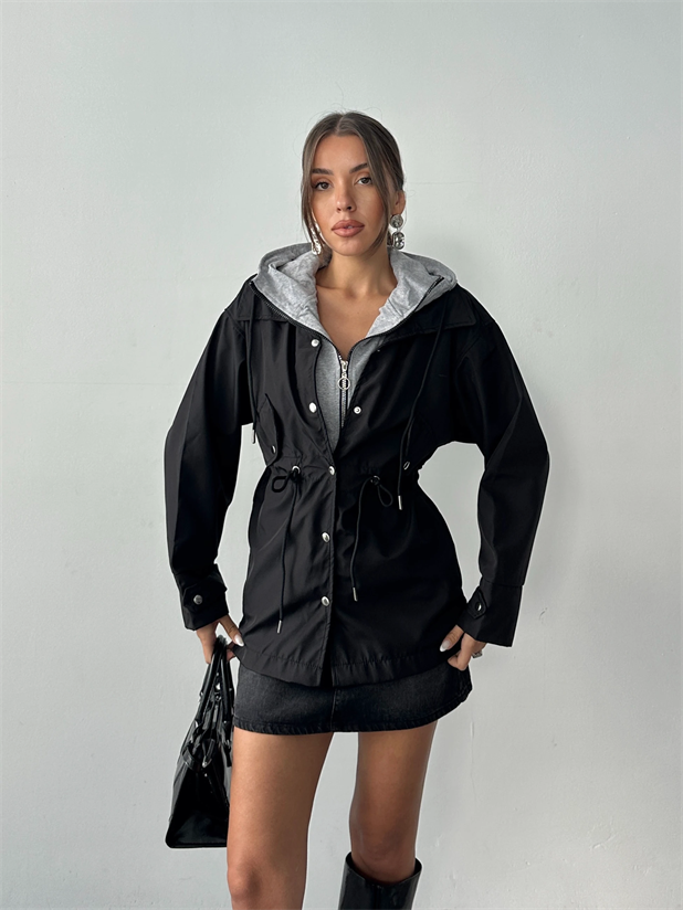 Kapüşonlu Cep Detay Yağmurluk - Siyah